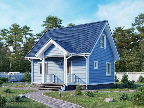 Уютный каркасный дом 7,5х7 c мансардой приятно удивит вас своими просторными комнатами. При всей своей внешней компактности внутри имеется все, что нужно семье для постоянного проживания. Планировка дома включает в себя две просторные изолированные спальни, большую гостиную,  кухню, санузел и прихожую с лестницей на мансарду. Такой планировки вполне достаточно для комфортной жизни за городом, а качественная термоизоляция позволяет поддерживать оптимальную температуру в доме круглогодично.
Дом оснащен небольшим навесом над крыльцом и двускатной кровлей.