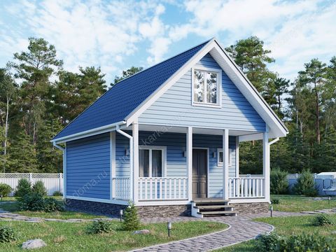 Проект этого дома с размерами 8х6 – это стильный и эффектный дизайн фасада  в сочетании с идеальными пропорциями. Кровля дома двускатная с террасой прямо под мансардой. Попасть в дом можно через террасу. На первом этаже расположены гостиная, кухня и небольшая спальня. Здесь же располагаются санузел. На втором этаже имеются две изолированных спальни и кладовая комната.