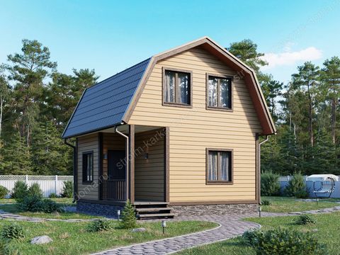 Компактный дом с мансардой выполненный по каркасной технологии. Размер дома 6x6. На мансарде расположилась одна большая спальная комната. Дополнительное пространство спальни обеспечено за счет так называемой “ломаной” крыши. Вход в дом проходит через террасу. На первом этаже расположились кухня и гостиная комната.