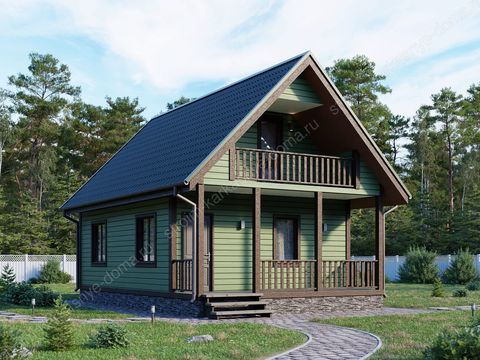 При относительно небольших габаритах 6х9 и площади 66 м2, дом обеспечит комфортное проживание семьи из 4-5 человек. Исполнение дома полутораэтажное(один этаж + мансарда). В планировке предусмотрены большая кухня-гостиная на первом этаже, прихожая и санузел. На втором этаже располагаются две изолированных спальни, с одной из которых можно попасть на балкон.